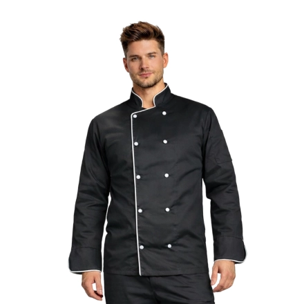 Bluza kucharska czarna długi rękaw lamówka biała roz.M – bluza kucharska – odzież gastronomiczna